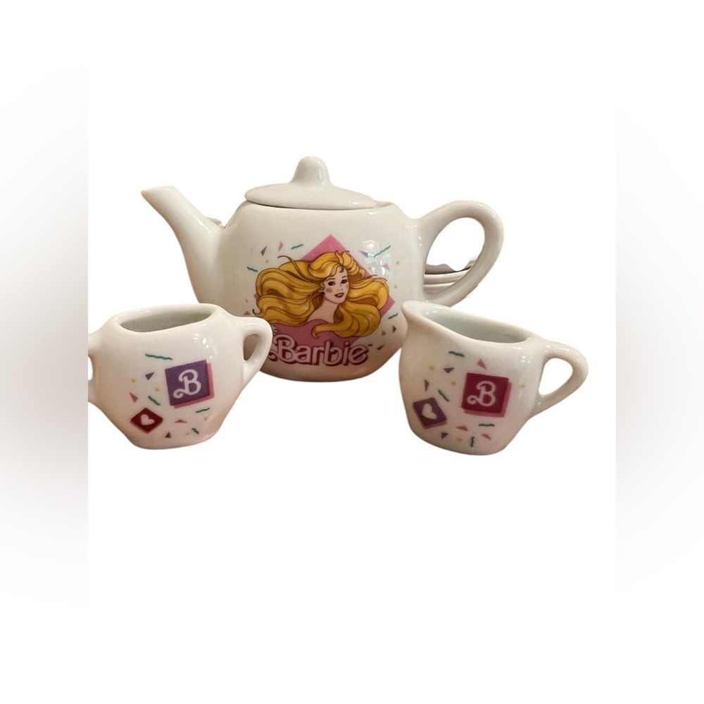 Barbie Ceramic Tea Set 15 Piece Mini Cups Saucers Plates 1989 Chilton Globe Inc. - Picture 2 of 6